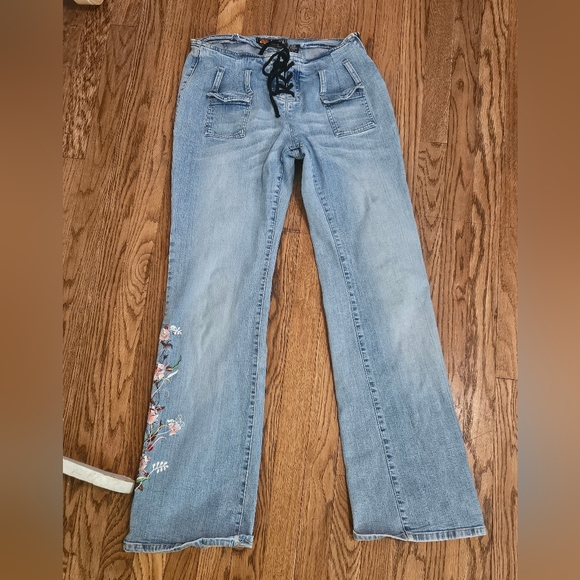 Route 66 Blue Flare Jeans with Floral Embroidery Ultra Low Rise Lace Up 14 Y2K - Picture 1 of 4